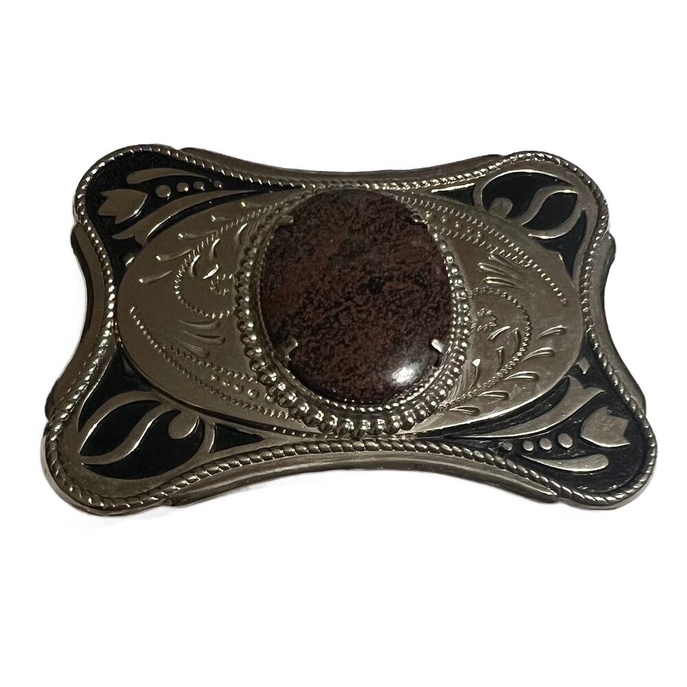 VTG Silver Tone Filigree with Brown Acrylic Stone  Metal Vintage  Belt Buckle